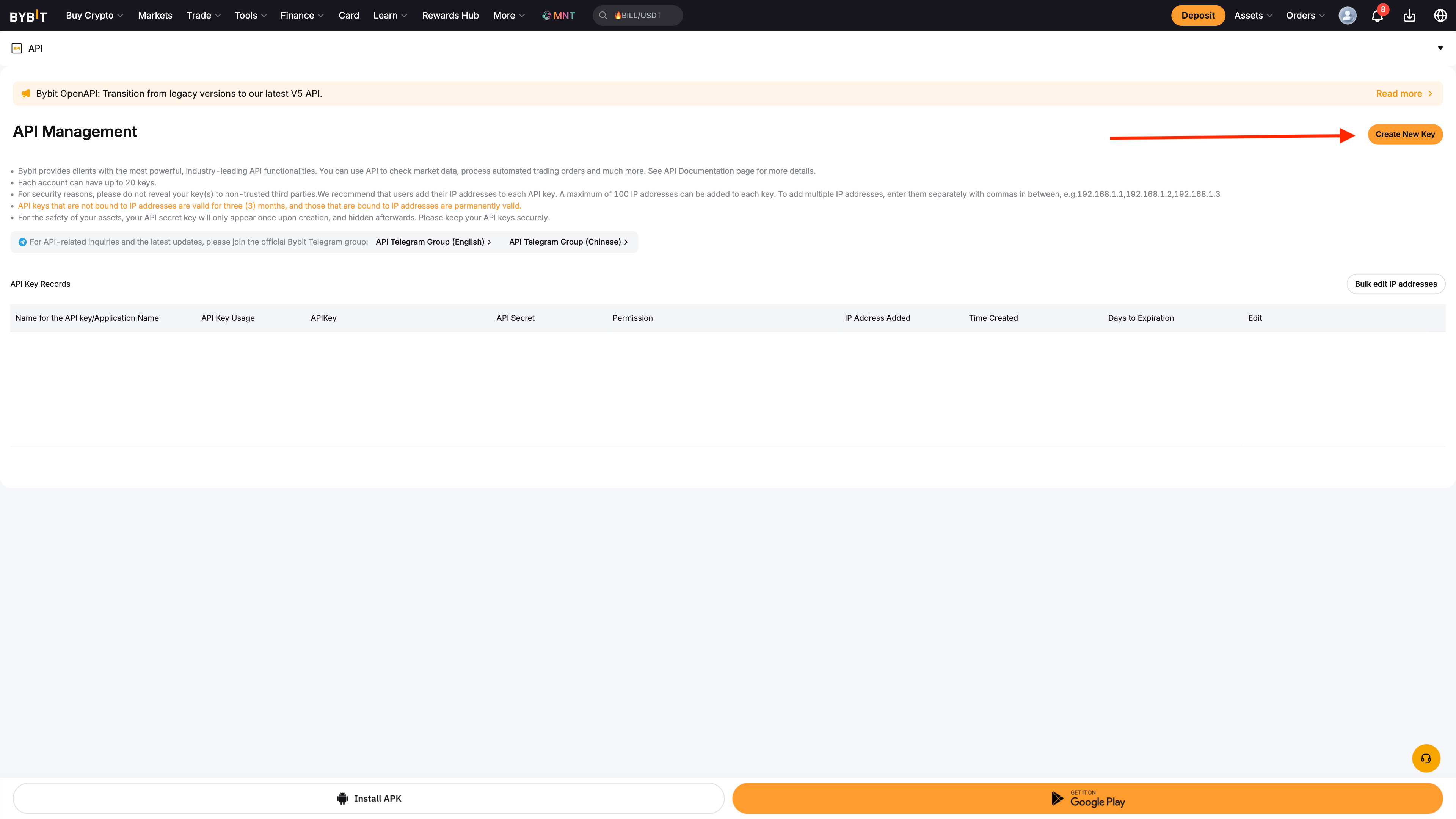 Create new API key in Bybit
