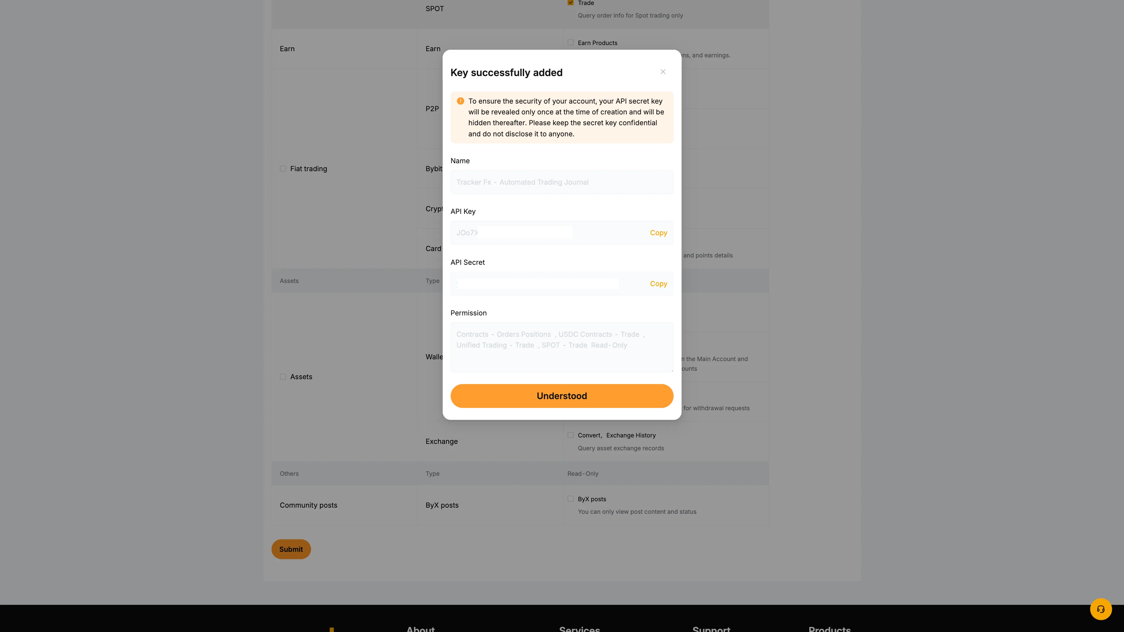 Copy Bybit API Key and Secret