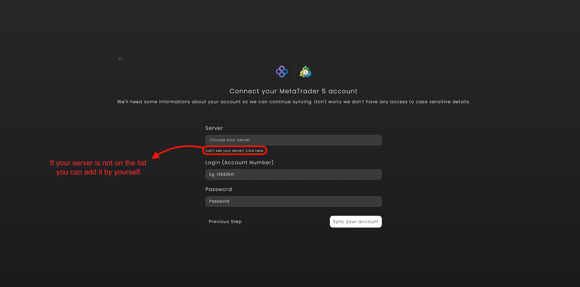 Enter MetaTrader credentials
