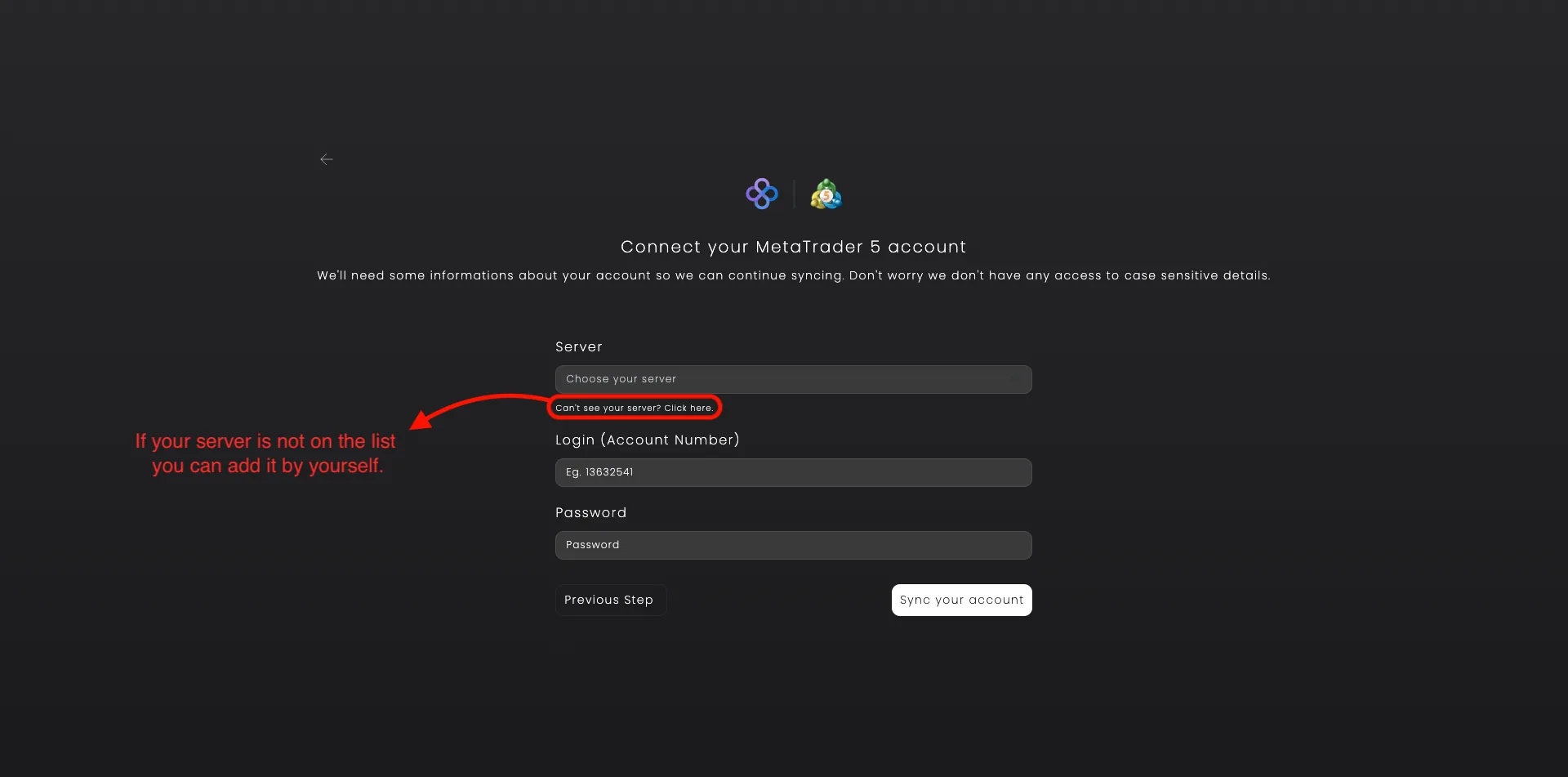 Enter MetaTrader credentials