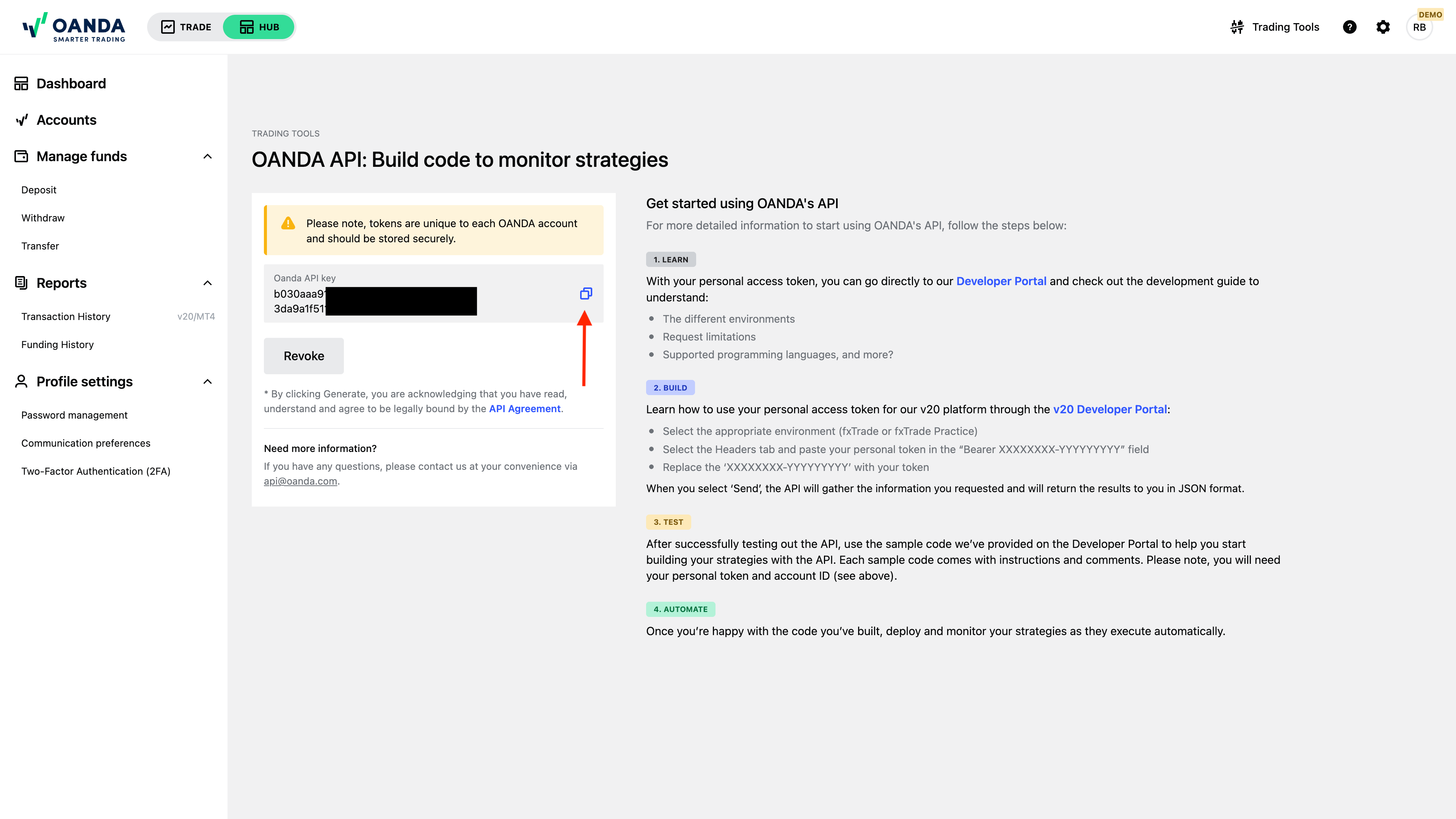 OANDA - Personal Access Token generated